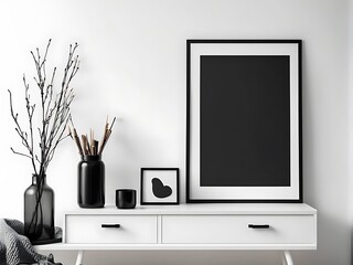  Mockup black poster frame and accessories decor in cozy white interior background 
