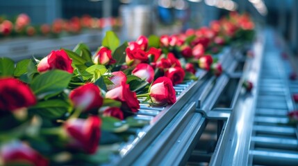 Conveyor production of artificial flowers.