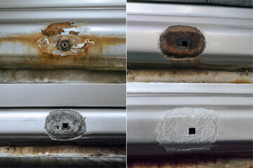 Set of images with part being repaired of damaged car body. Rust of car sill. Stripped paint...