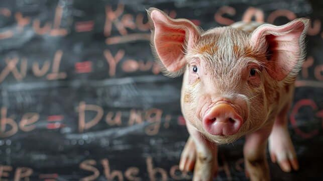   A tiny pig facing a chalkboard, its back bearing writings, a miniature pig's head emerging from it