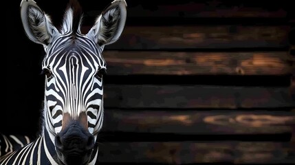 Naklejka premium A tight shot of a zebra's expressive face against a backdrop of weathered wooden planks