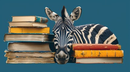Fototapeta premium A zebra resting on a stack of books, nearby another stack in a vertical arrangement