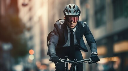 businessman in suit and helmet riding bicycle in city cycling to work