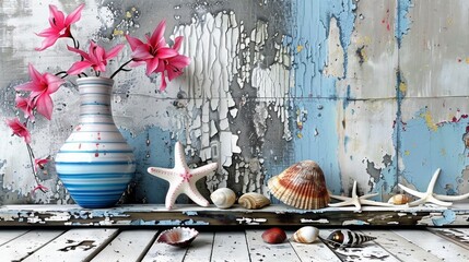 Striking Still Life with Blue Striped Vase, Pink Flowers, and Coastal Elements on Rustic Table.