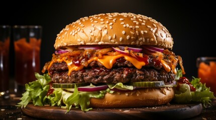 A delicious cheeseburger with caramelized onions and pickles on a sesame seed bun