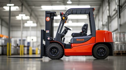A red and black forklift in a warehouse