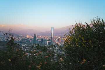 Santiago de Chile skyline. Costanera Center skyscraper. Andes mountain range on the background