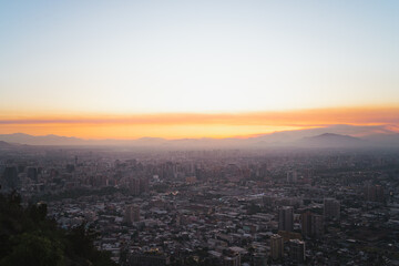 Santiago de Chile skyline from San Cristobal hill during sunset