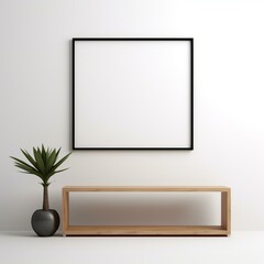 Black frame mockup on white wall with wooden shelf and plant