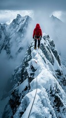 A lone climber on a treacherous mountain peak