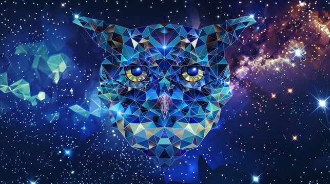 owl from geometric shapes. Mosaic of triangles in the form of an owl's head on a background of stars AI generated