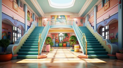 Obraz premium A colorful and inviting school hallway with stairs leading up to a second floor