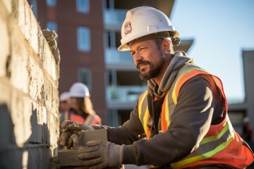 construction worker building brick wall at construction site