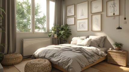 A bedroom with a large bed, a rug, a few pieces of furniture, and some plants