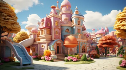 A whimsical digital painting of a colorful and detailed cityscape with a pink castle
