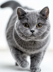A cute gray British shorthair cat is walking towards the camera