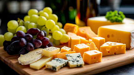 Cheese platter with different types of cheese on a wooden board