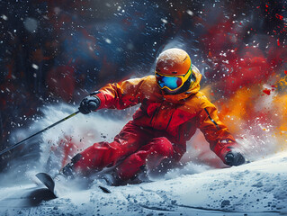 A skier soaring through a colored cloud of powder in the world of sports. AI generated. 