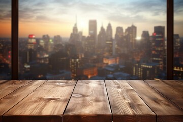 Obraz premium Wooden table with blurred cityscape background