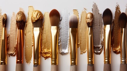   A row of gold and silver brushes aligns against a white wall Brushes are tipped with golden leaf paint