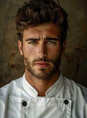 Fototapeta premium Portrait of a male chef with green eyes and curly hair