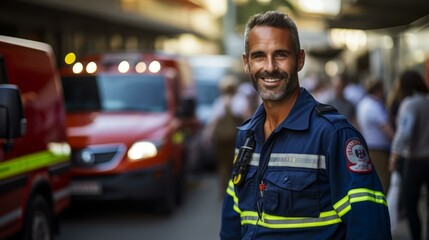 Portrait of a smiling male paramedic in uniform standing in front of an ambulance