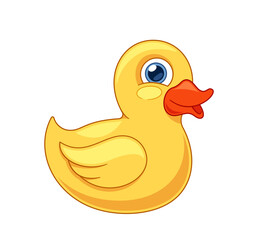Small, Bright Yellow Rubber Duck, With A Friendly Face And Orange Beak, Used As A Bath Toy For Children. Funny Bird