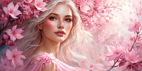A woman with long, flowing silver hair and pink lips. She is surrounded by delicate pink flowers. The background is a soft blend of pink and white hues, creating a dreamy atmosphere.