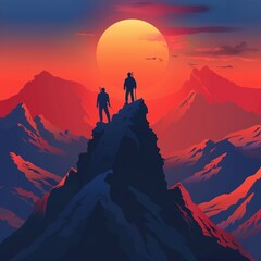 Corporate leadership abstract wallpaper, silhouettes of figures on mountain peaks, sunrise background
