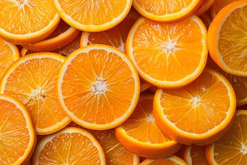 Freshly sliced oranges closely packed together, displaying vibrant orange hues and juicy, segmented interiors.