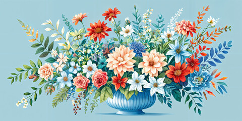 A vibrant and colorful floral arrangement, with various types of flowers and leaves arranged in a blue vase.