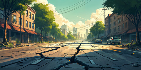 A city street scene, featuring a cracked roadway with a few cars parked or moving along the sides.