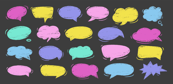 Empty colorful hand drawn grunge crayon, charcoal, chalk speech bubbles set in doodle style. Hand drawn crayon cloud message. Vector balloon speak sign dialog communication frame