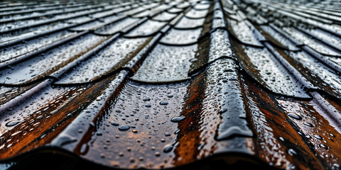 A close-up view of a wet, shiny metal roof with droplets of water on it.