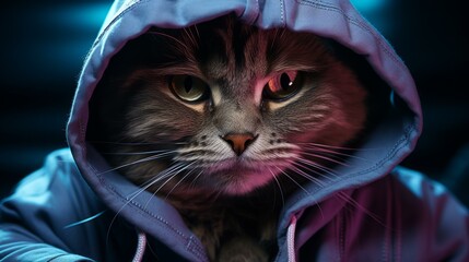A gray cat wearing a blue hoodie