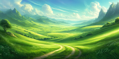 A serene landscape featuring a winding dirt road that cuts through a lush green valley, surrounded by majestic mountains under a clear blue sky.