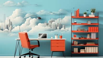 A Home Office With a City in the Clouds