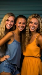 Fototapeta premium Three young women smiling and posing in front of a blue garage door