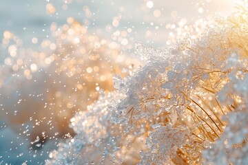 Golden sunlight illuminates icy branches, casting sparkling reflections and creating a warm, glowing winter scene.