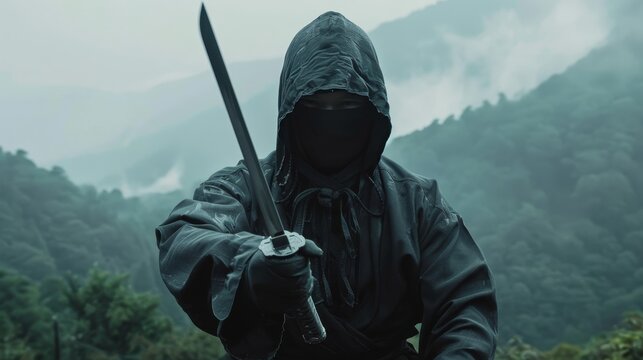 Stealthy ninja assassin holding a knife against dramatic mountain landscape background