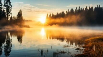 Fototapeta premium Misty lake at sunrise in the forest