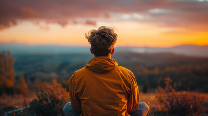 A man in a yellow jacket is sitting on a hillside, looking out at the sunset