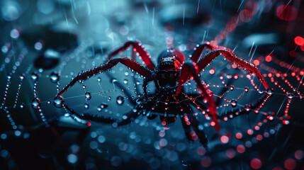 A spider is sitting on a web with raindrops on it