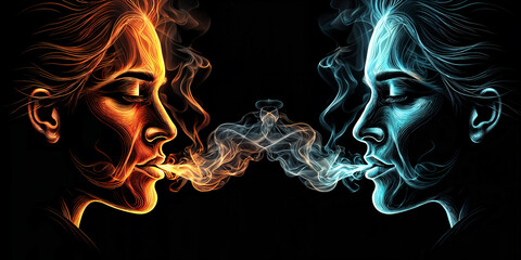Two stylized portraits of women with smoke emanating from their mouths, set against a dark background.