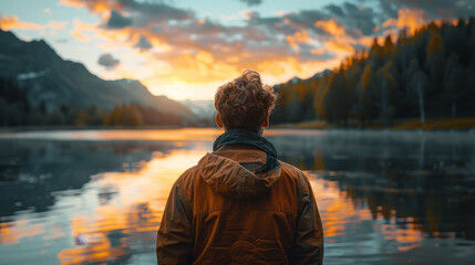 A man stands on the shore of a lake, looking out at the water - obrazy, fototapety, plakaty
