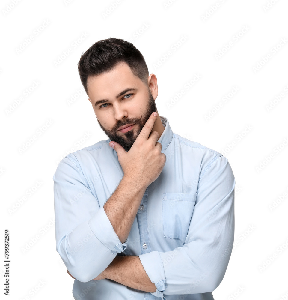 Sticker Portrait of young man with mustache on white background