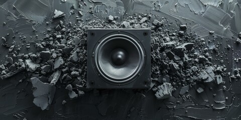 Black speaker on a pile of black rubble