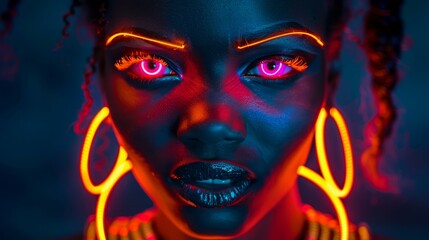 Obraz premium Portrait of a Black Woman with Glowing Eyes and Neon Face Paint