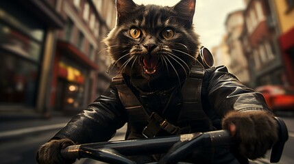 A cat wearing a leather jacket and goggles rides a motorcycle.