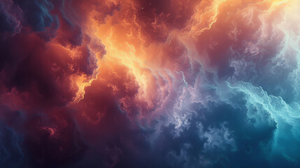 A colorful space scene with a mix of red, blue, and yellow clouds